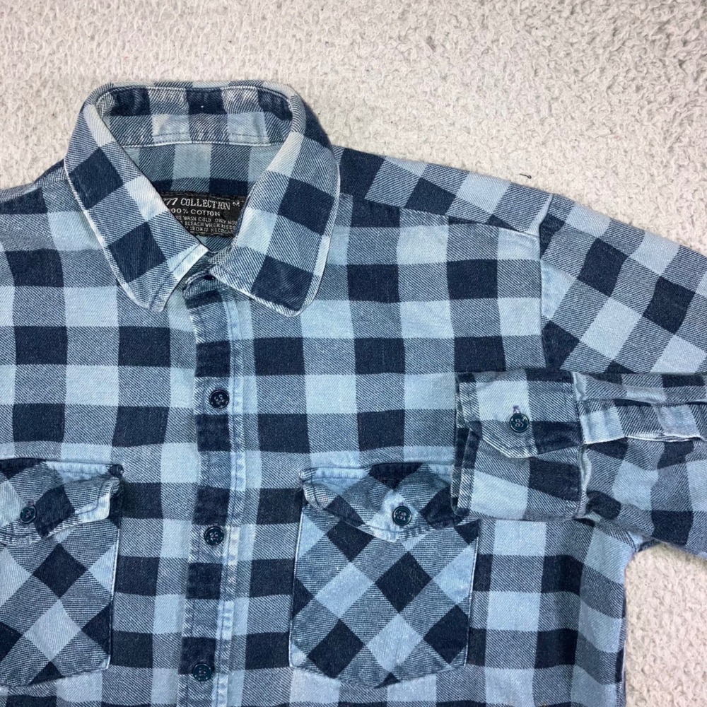 777 Collection Flannel Shirt Men M Blue Plaid L/S Grunge Skater Bleached 90s